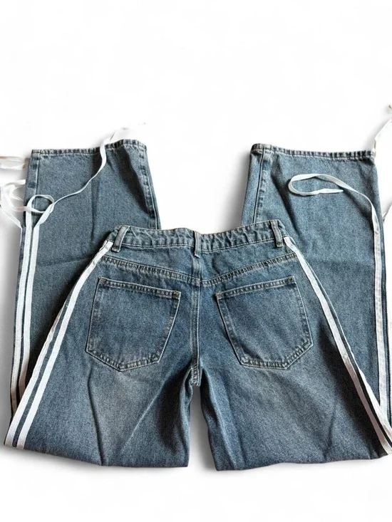 Edikted Wide Leg Jeans XS Ribbon Tie Side Stripe Y2K Baggy Denim - Picture 3 of 5